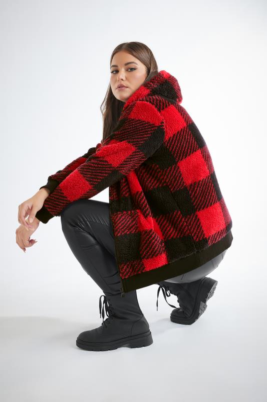 Plus Size  YOURS Curve Red Check Zip Through Fleece Hoodie
