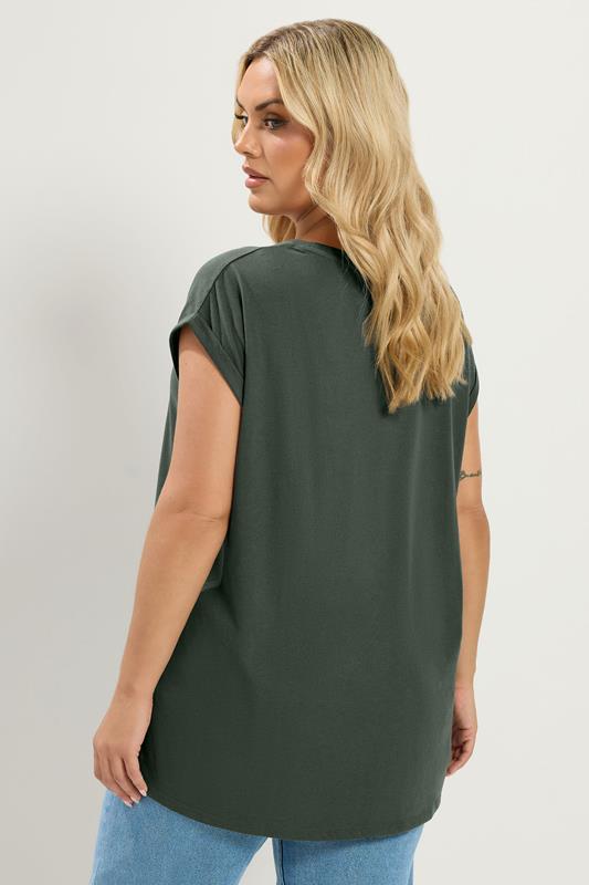 YOURS Plus Size Khaki Green V Neckline T-Shirt | Yours Clothing 2