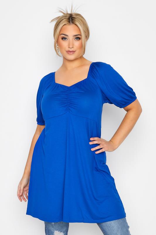 LIMITED COLLECTION Curve Cobalt Blue Puff Sleeve Ruched Top 1