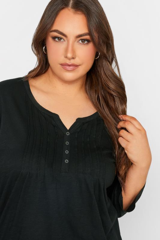 Plus Size YOURS FOR GOOD Black Pintuck Button Henley T-Shirt | Yours Clothing 4