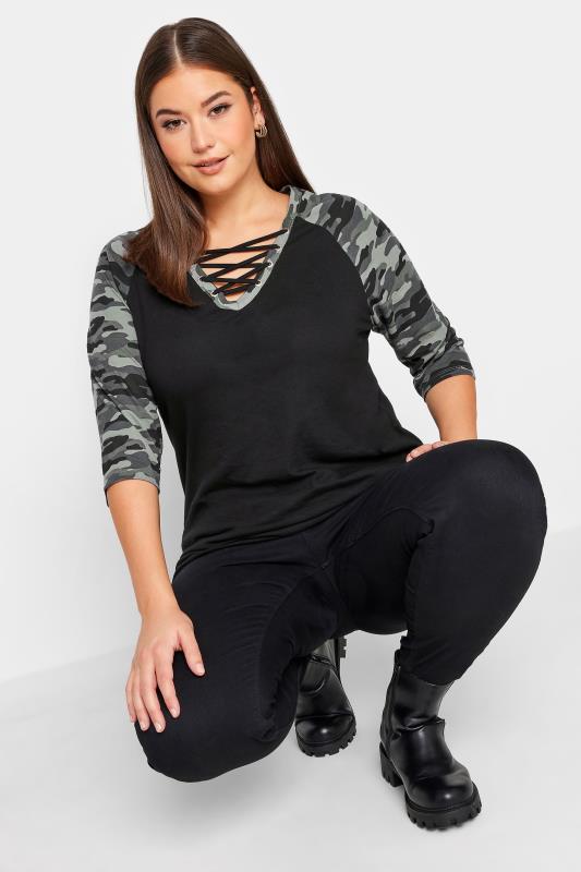 YOURS Plus Size Black Camo Print Lace Up Eyelet Top | Yours Clothing 4