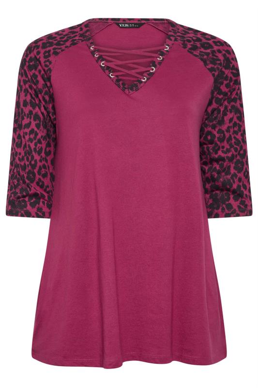 YOURS Plus Size Pink Leopard Print Lace Up Eyelet Top | Yours Clothing 5