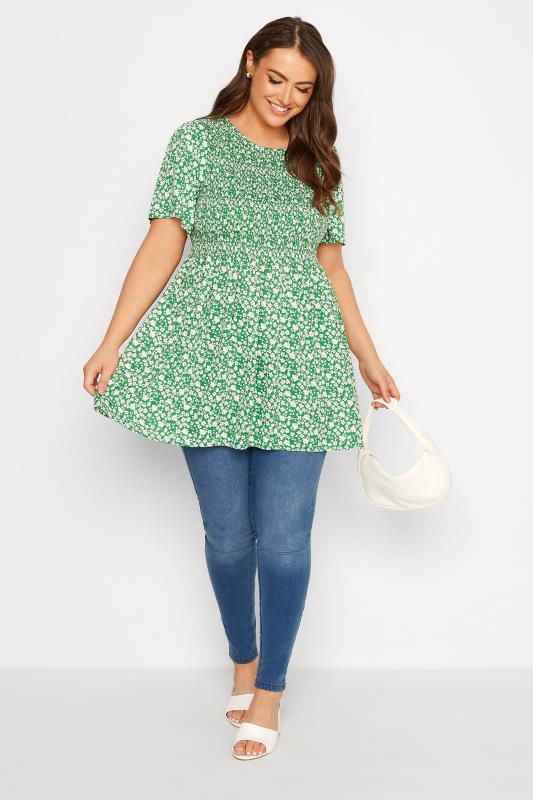 Plus Size Green Floral Print Shirred Top | Yours Clothing 2
