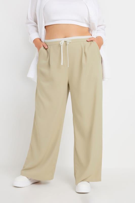 YOURS Plus Size Natural Brown Contrast Waist Wide Leg Trousers | Yours Clothing 1