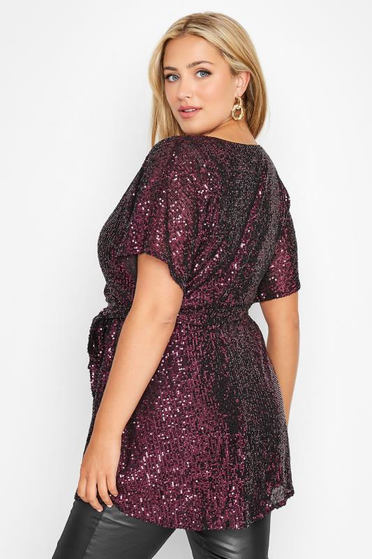 YOURS LONDON Plus Size Purple Sequin Embellished Wrap Top | Yours Clothing 3