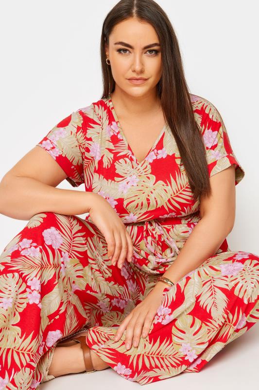 YOURS Plus Size Red Tropical Print Wide Leg Jumpsuit | Yours Clothing 4