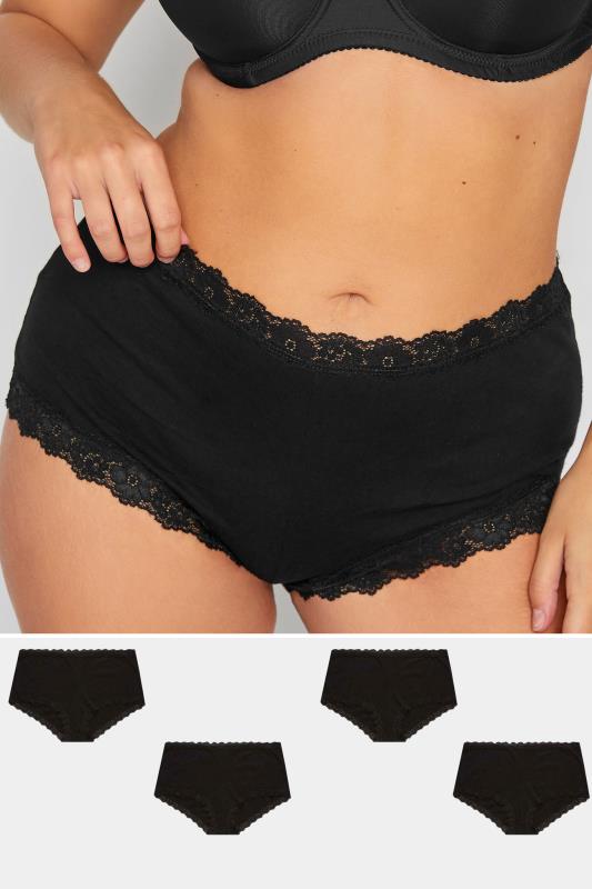 Plus Size Briefs & Knickers YOURS 4 PACK Curve Black Lace Trim High Waisted Shorts