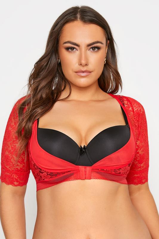 Plus Size  Curve Red Mesh Lace Front Fastening Armwear Top