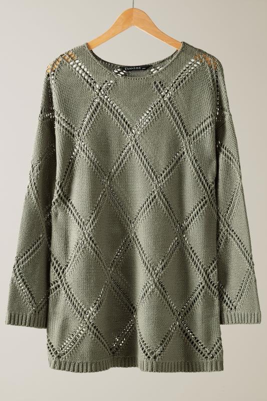 EVANS Plus Size Khaki Green Diamond Pointelle Jumper | Evans 5