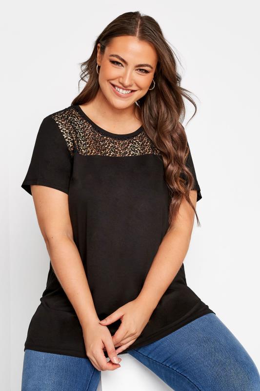 Plus Size Black Crochet Neck T-Shirt | Yours Clothing 1