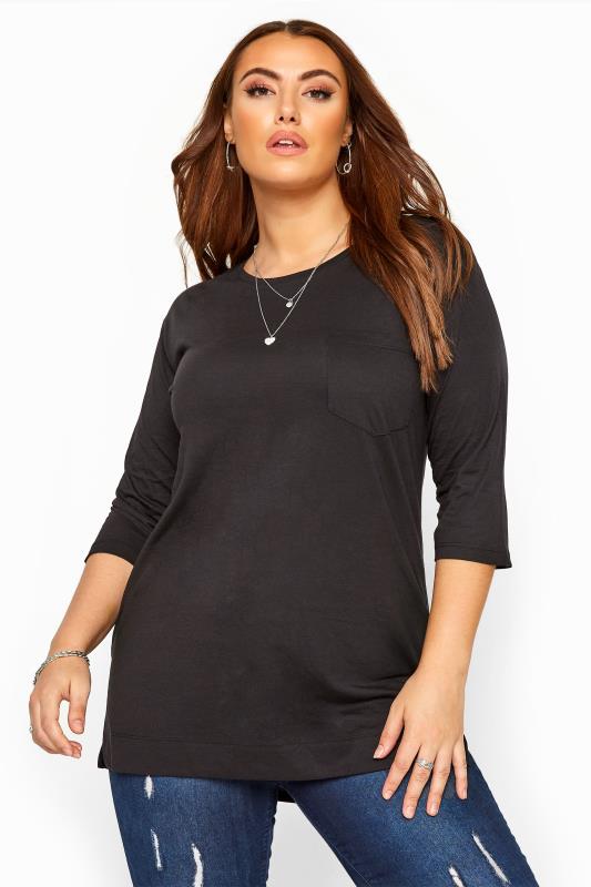 Black 3/4 Length Sleeve Top | Sizes 16-36 | Yours Clothing