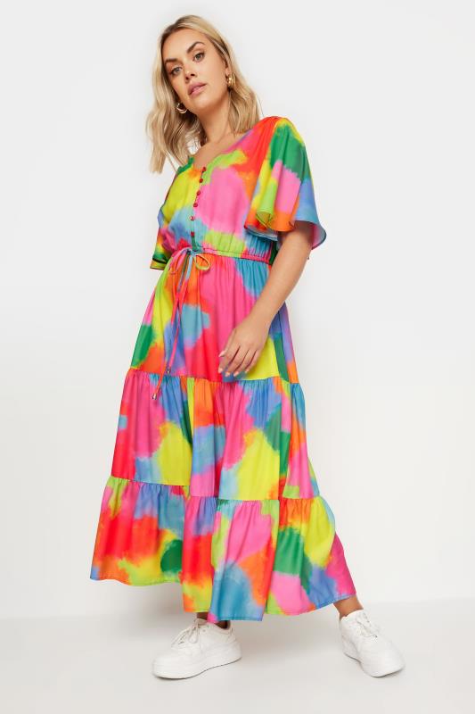 Plus Size  YOURS Curve Pink & Rainbow Blur Print Maxi Dress