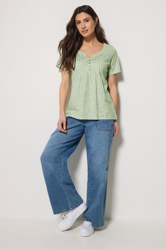 M&Co Sage Green Ditsy Floral Cotton Henley Top | M&Co 1