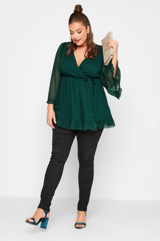 YOURS LONDON Plus Size Green Dobby Ruffle Wrap Top | Yours Clothing 2