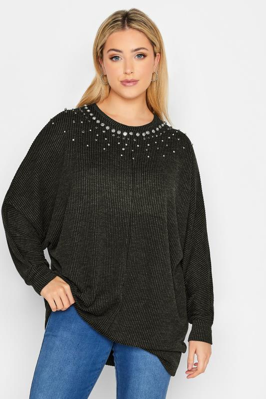 Plus Size  YOURS LUXURY Curve Charcoal Grey Sequin Embellished Ribbed Long Sleeve Top