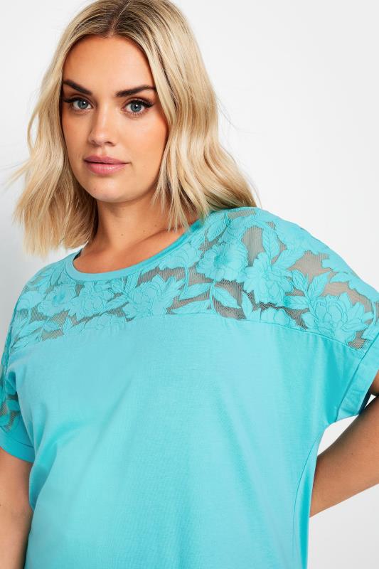 YOURS Plus Size Blue Floral Mesh Panel T-Shirt | Yours Clothing 4