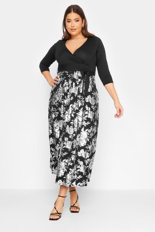 YOURS LUXURY Plus Size Black & Silver Foil Floral Print Wrap Dress | Yours Clothing 1