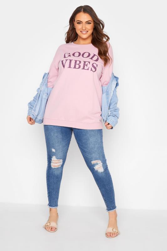 Plus Size Pink 'Good Vibes' Slogan Sweatshirt | Yours Clothing  2