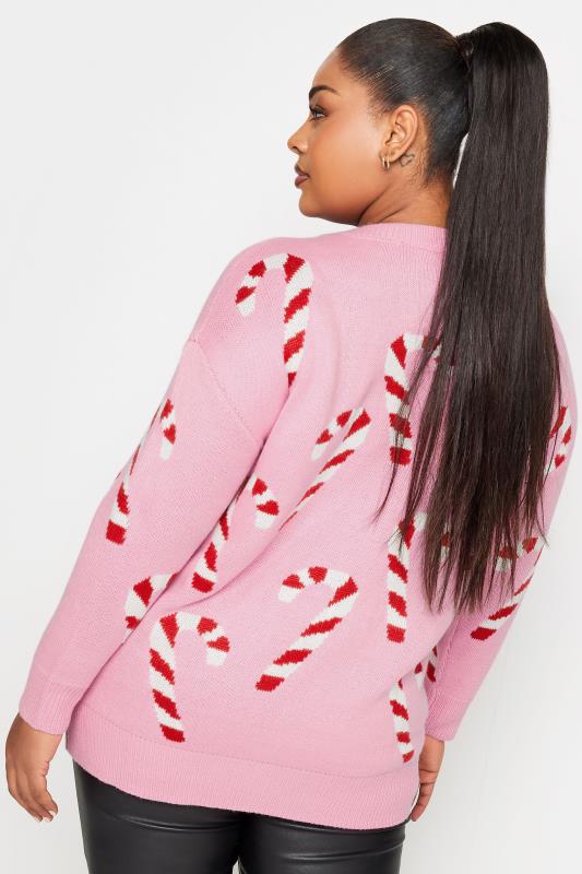 YOURS Plus Size Pink Candy Cane Print Christmas Jumper | Yours Clothing 3