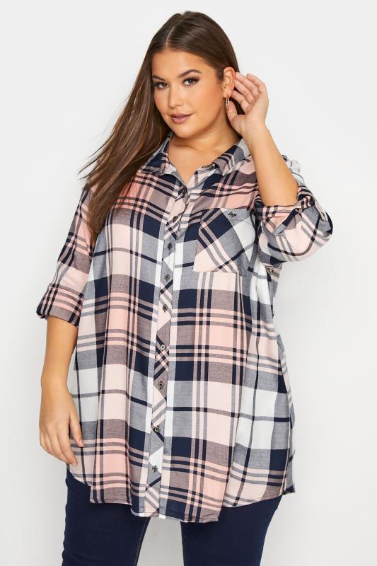 Plus Size Pink & Navy Check Boyfriend Shirt | Yours Clothing  1