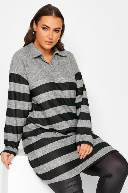 YOURS LUXURY Curve Grey Stripe Open Collar Soft Touch Dress | Yours Clothing 1