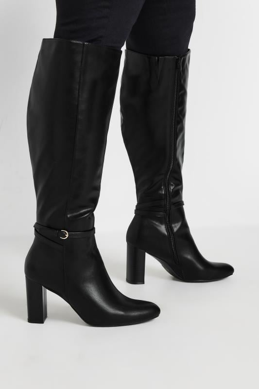  Black Heeled Knee High Boot In Wide E Fit & Extra Wide EEE Fit