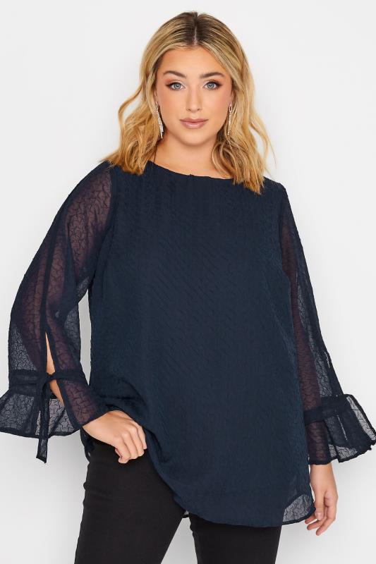 YOURS Plus Size Curve Navy Blue Abstract Print Bell Sleeve Blouse | Yours Clothing  1