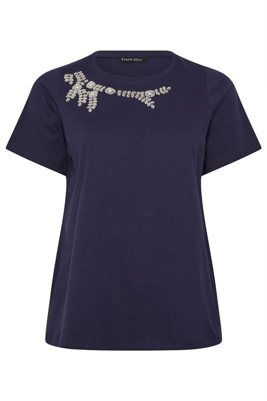 EVANS Plus Size Navy Blue Beaded Flower T-Shirt | Evans 6