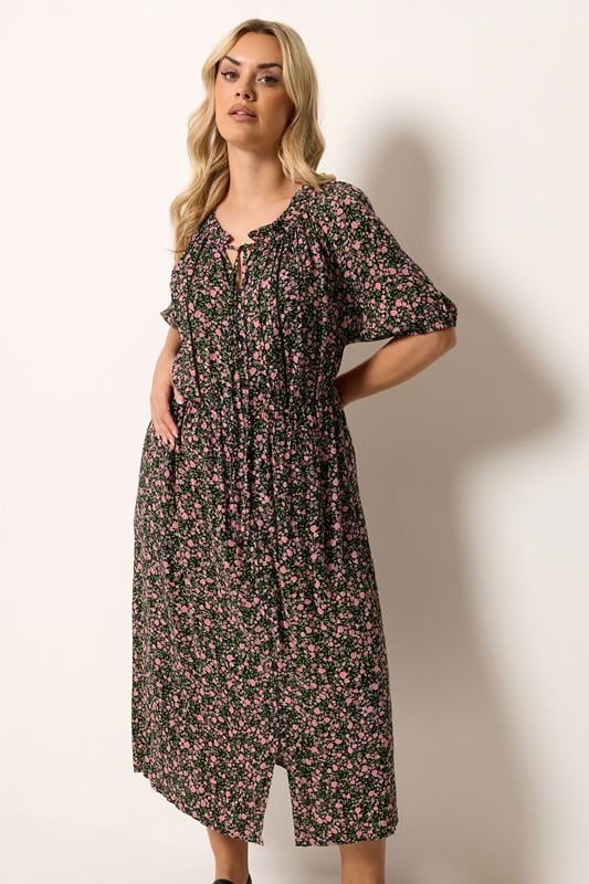  YOURS Robe longue à plis nervurés noire à petites fleurs
