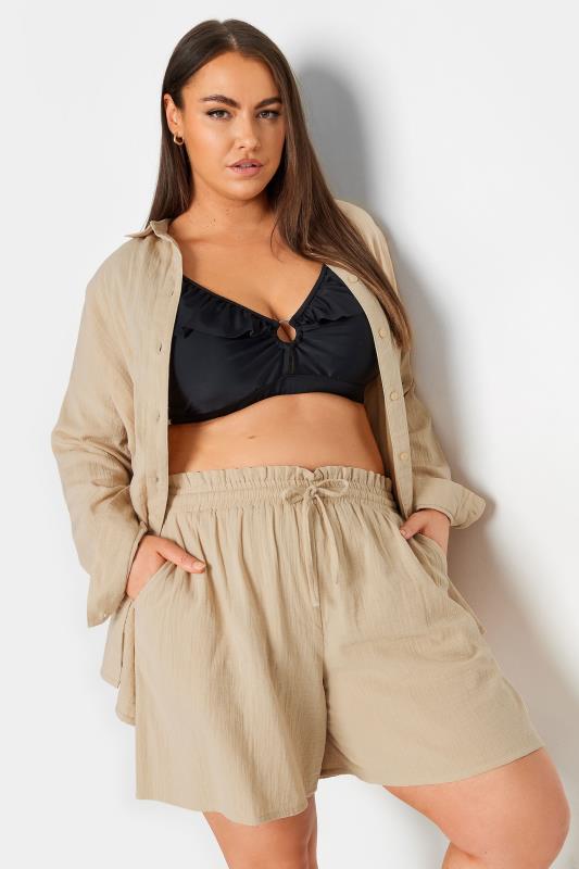 YOURS Plus Size Stone Brown Cheesecloth Shorts | Yours Clothing 2