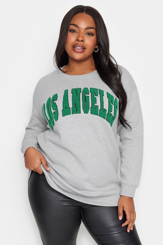 Plus Size  YOURS Curve Light Grey 'Los Angeles' Embroidered Slogan Sweatshirt