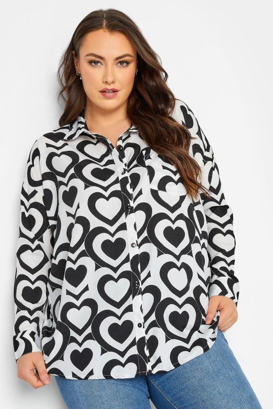LIMITED COLLECTION Plus Size White & Black Retro Heart Print Shirt | Yours Clothing 1