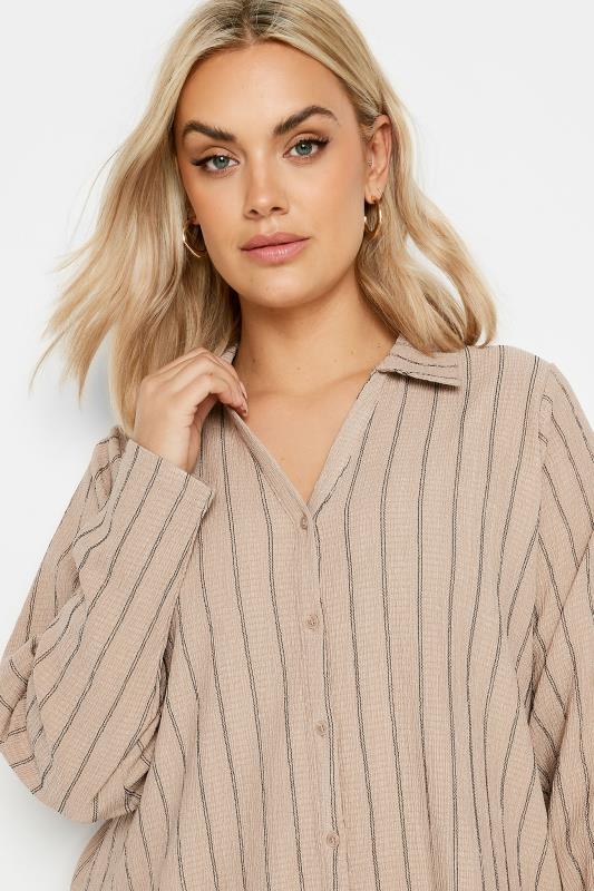YOURS Plus Size Natural Brown Textured Pinstripe Shirt | Yours Clothing 5