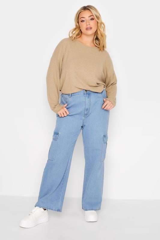 YOURS Plus Size Curve Beige Brown Ribbed Side Split T-Shirt | Yours Clothing  3