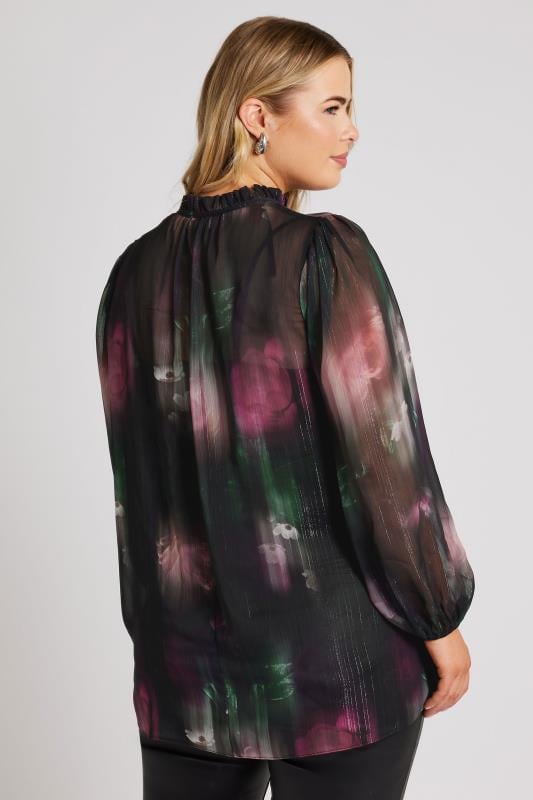 YOURS LONDON Plus Size Black Floral Print Metallic Stripe Chiffon Blouse | Yours Clothing  4