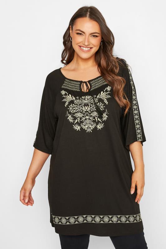 Plus Size Black Embroidered Tie Neck Top | Yours Clothing 1
