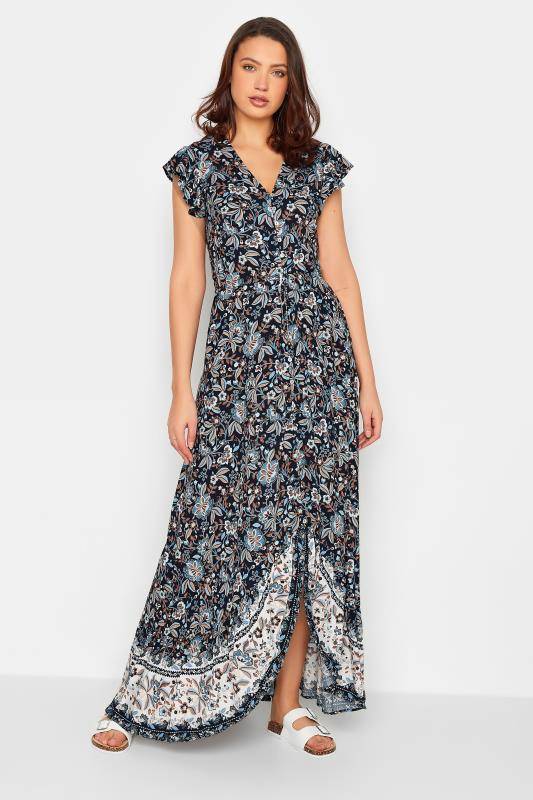 LTS Tall Women's Navy Blue Floral Print Border Maxi Dress | Long Tall Sally 1