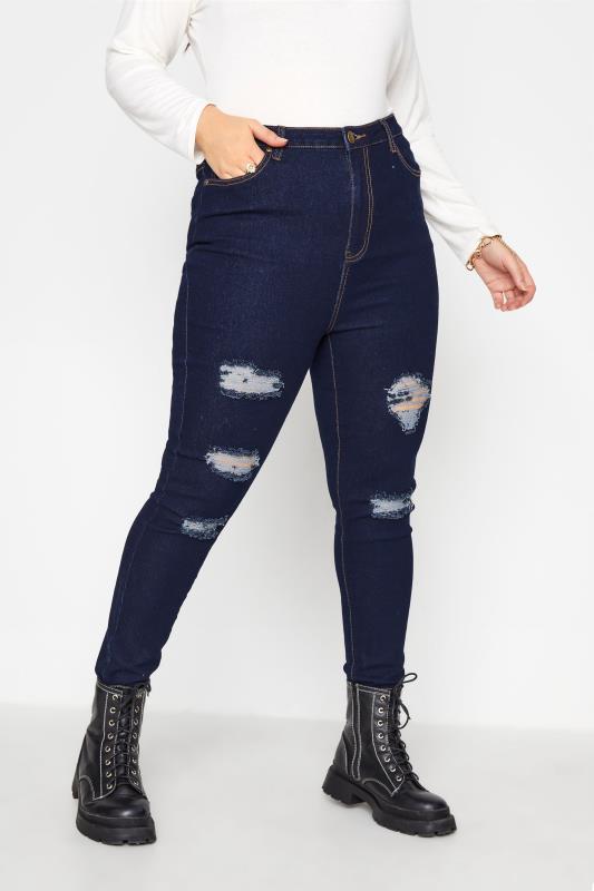 Plus Size  Dark Indigo Distressed Ripped Skinny Stretch AVA Jeans