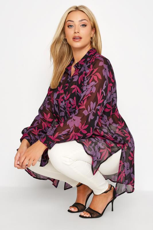 Curve Black & Purple Floral Chiffon Shirt 5