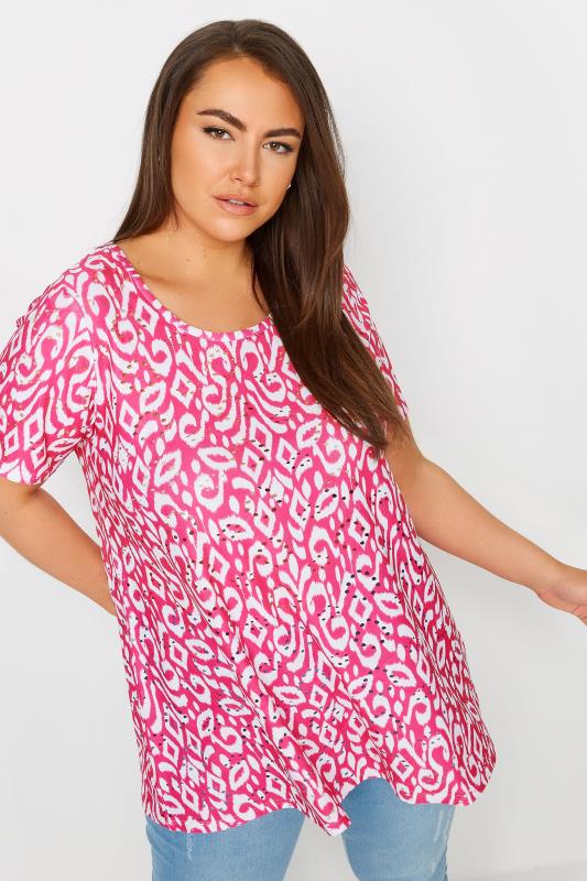 YOURS Plus Size Pink Ikat Print Broderie Anglaise Swing T-Shirt | Yours Clothing 4