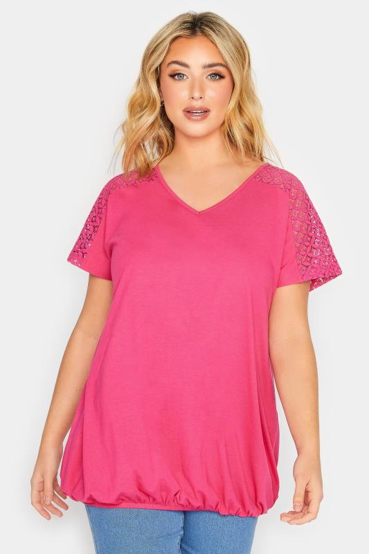 YOURS Plus Size Pink Lace Sleeve Bubble Hem T-Shirt | Yours Clothing 1