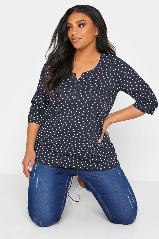 Plus Size YOURS FOR GOOD Navy Blue Spot Print Henley Top | Yours Clothing 1