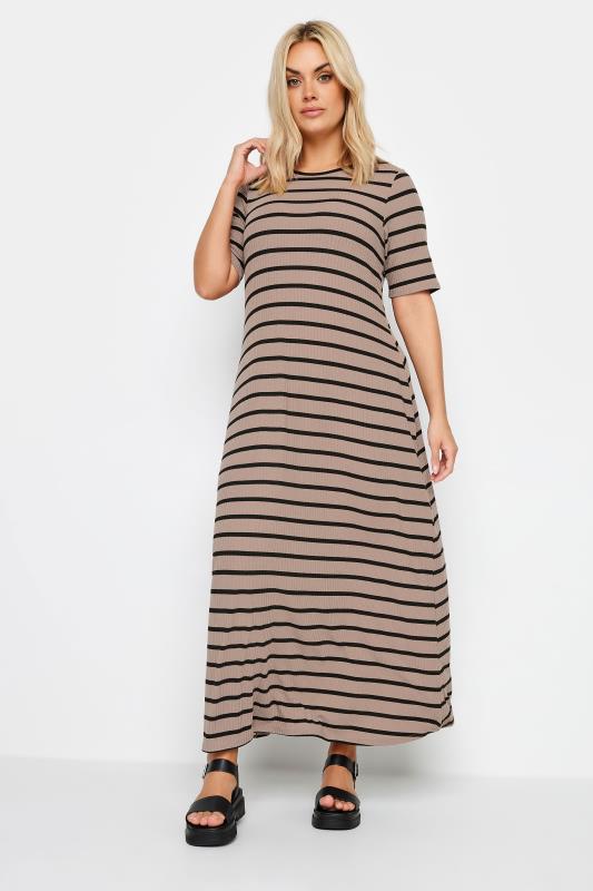 YOURS Plus Size Mocha Brown Striped Swing Maxi Dress | Yours Clothing 2