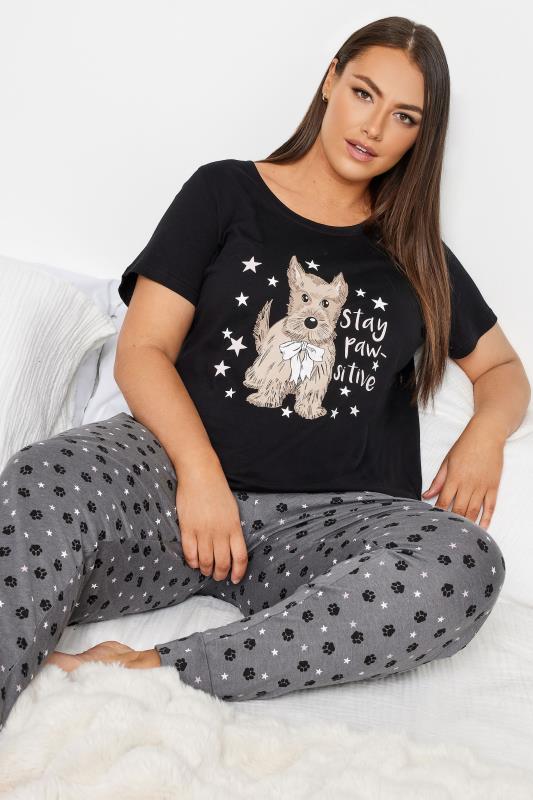  Grande Taille YOURS Curve Black 'Stay Paw-sitive' Slogan Pyjama Set