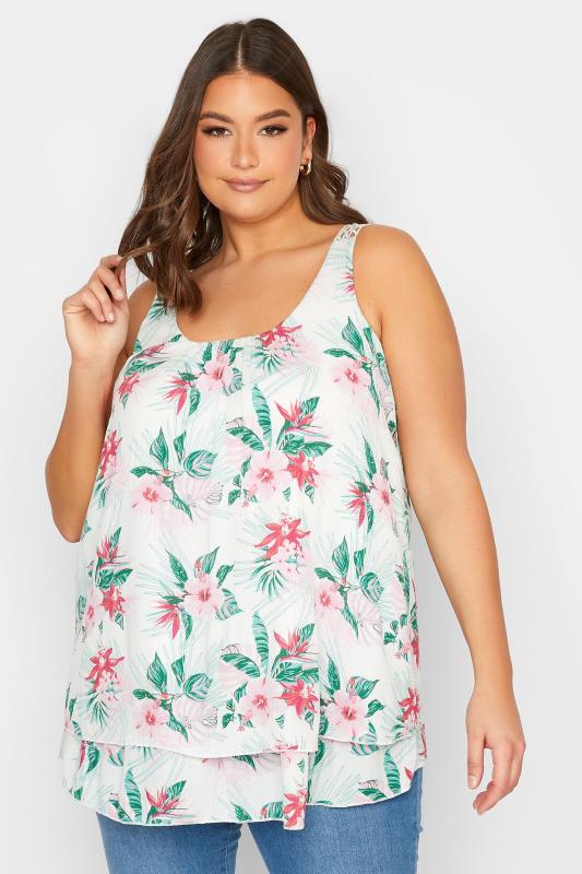 YOURS Plus Size White Tropical Print Crinkle Crochet Back Vest Top | Yours Clothing 1