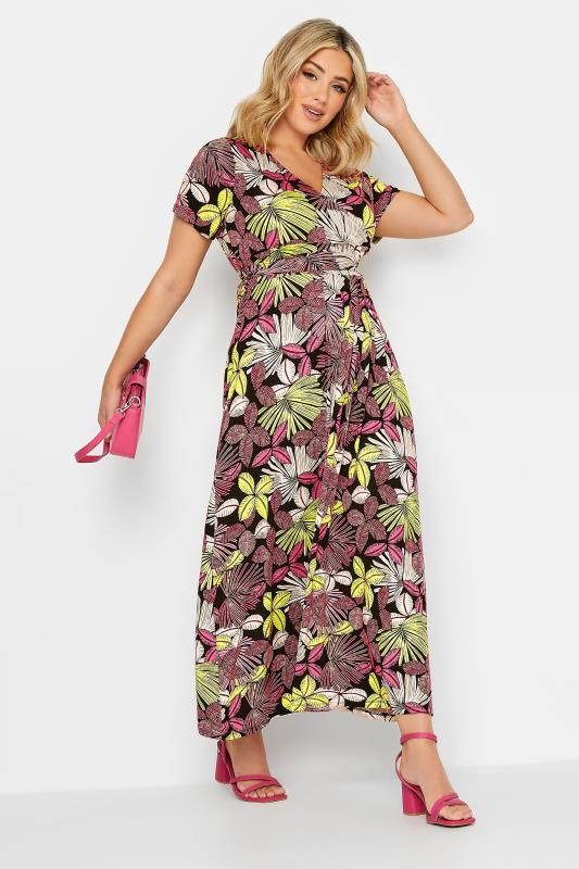 YOURS Plus Size Black & Pink Leaf Print Maxi Dress | Yours Clothing 1