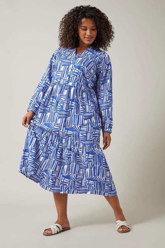 EVANS Plus Size Blue Abstract Print Long Sleeve Shirt Dress | Evans 2