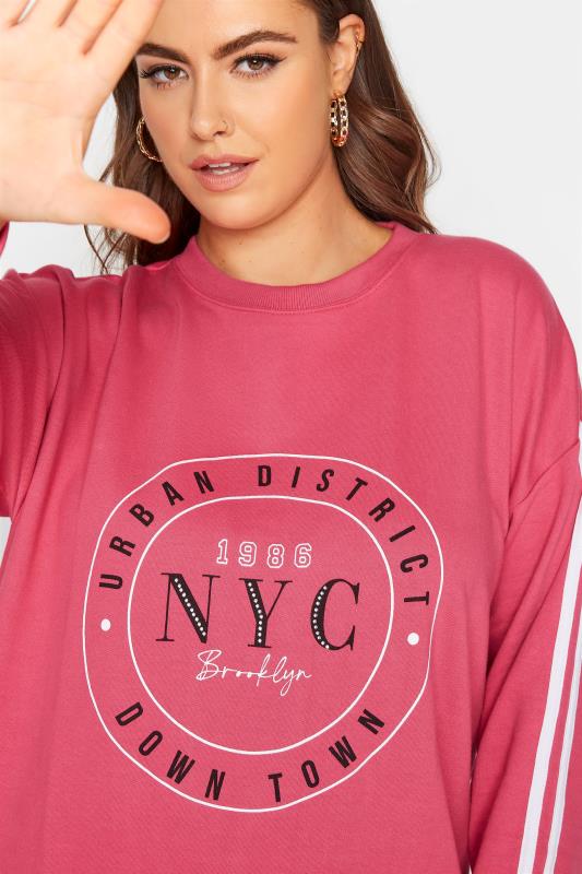 Plus Size Hot Pink 'NYC' Embellished Varsity Sweatshirt | Yours Clothing 4