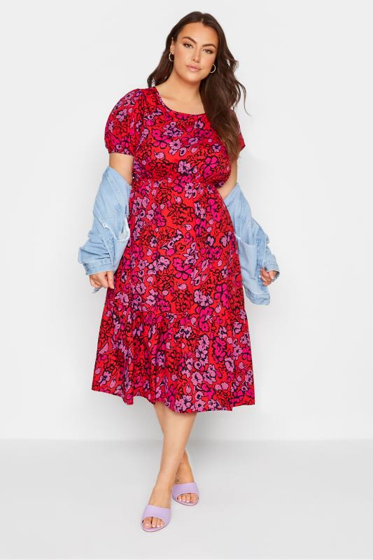 Plus Size  Curve Red Floral Print Smock Midaxi Dress