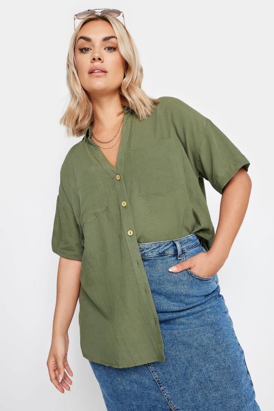YOURS Plus Size Khaki Green Linen Shirt | Yours Clothing 2